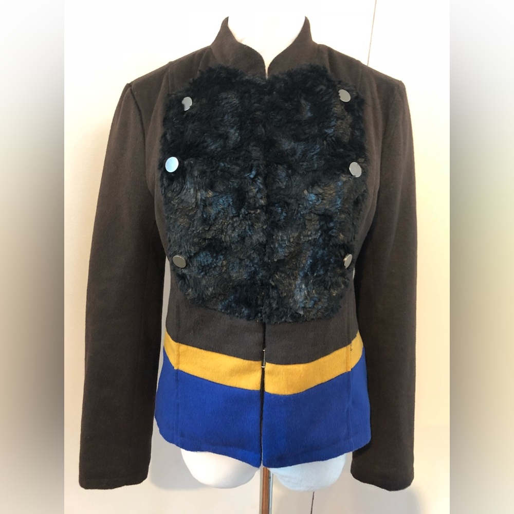womens blazer jacket sz sml anna x catherine mandarin collar fur colorblock NEW
